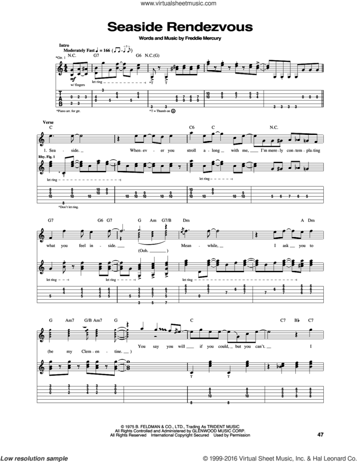 Seaside Rendezvous sheet music for guitar (tablature) by Queen and Freddie Mercury, intermediate skill level