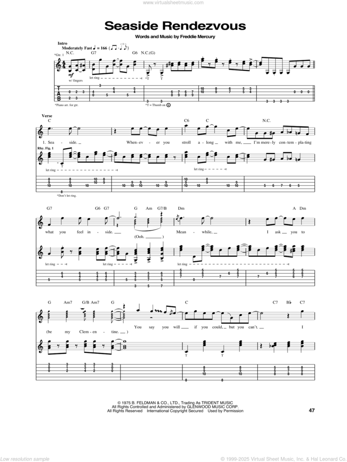 Seaside Rendezvous sheet music for guitar (tablature) by Queen and Freddie Mercury, intermediate skill level