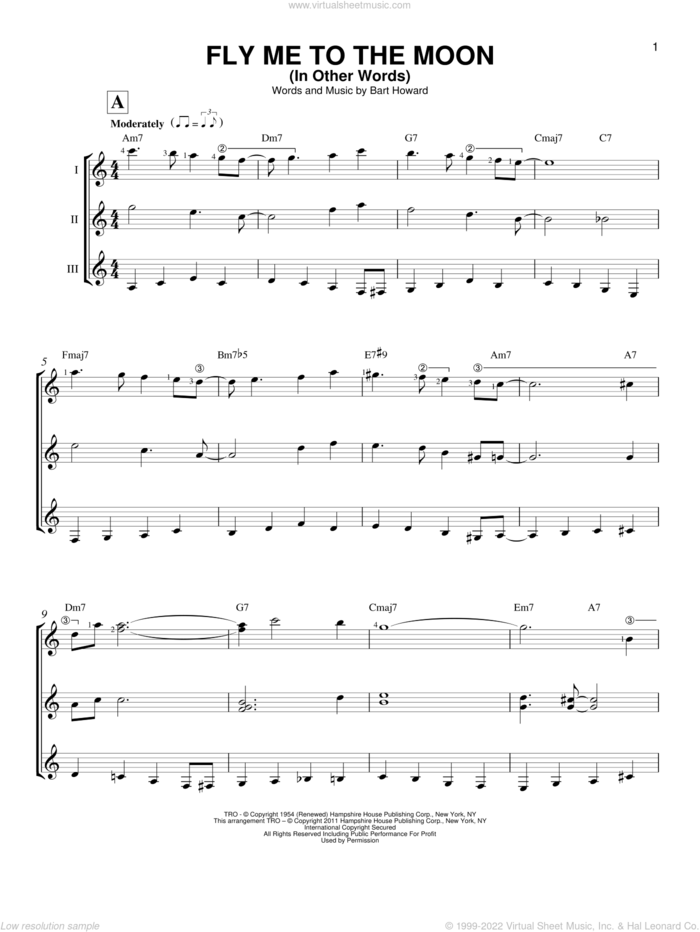 Fly Me To The Moon (In Other Words) sheet music for guitar ensemble by Frank Sinatra, Tony Bennett and BART HOWARD, wedding score, intermediate skill level
