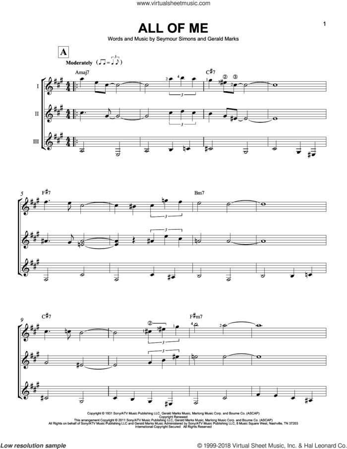 All Of Me sheet music for guitar ensemble by Gerald Marks and Seymour Simons, Gerald Marks and Seymour Simons, intermediate skill level