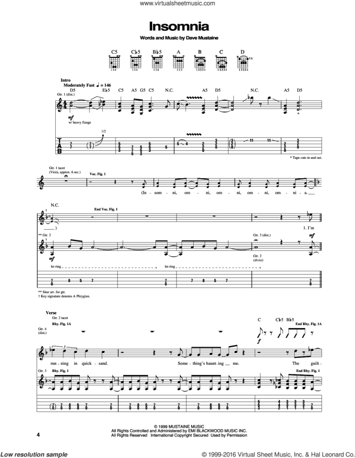 Insomnia sheet music for guitar (tablature) by Megadeth and Dave Mustaine, intermediate skill level