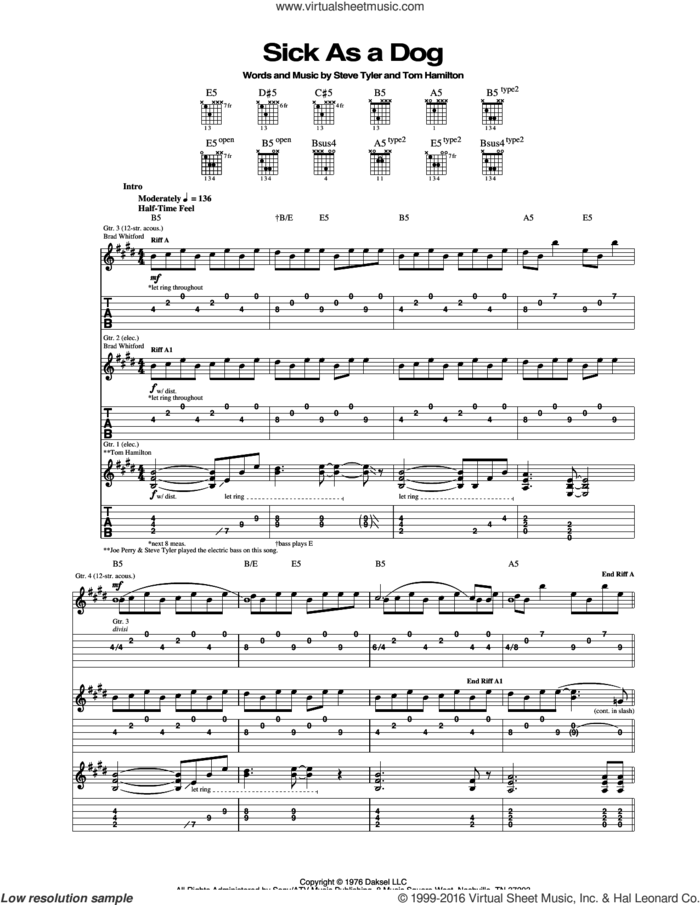 Sick As A Dog sheet music for guitar (tablature) by Aerosmith, Steven Tyler and Tom Hamilton, intermediate skill level