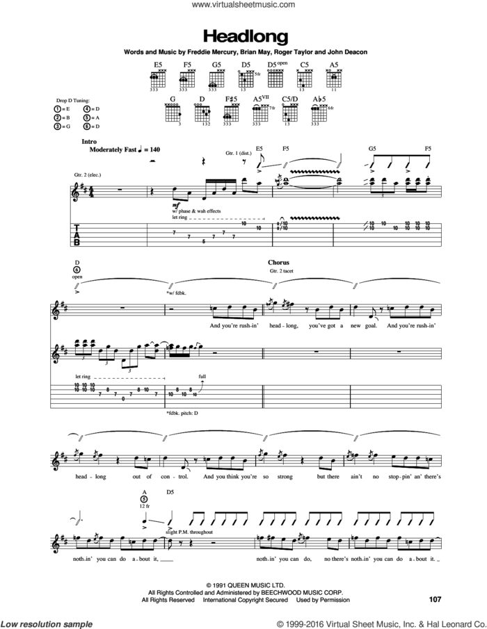 Headlong sheet music for guitar (tablature) by Queen, Brian May, Freddie Mercury, John Deacon and Roger Taylor, intermediate skill level