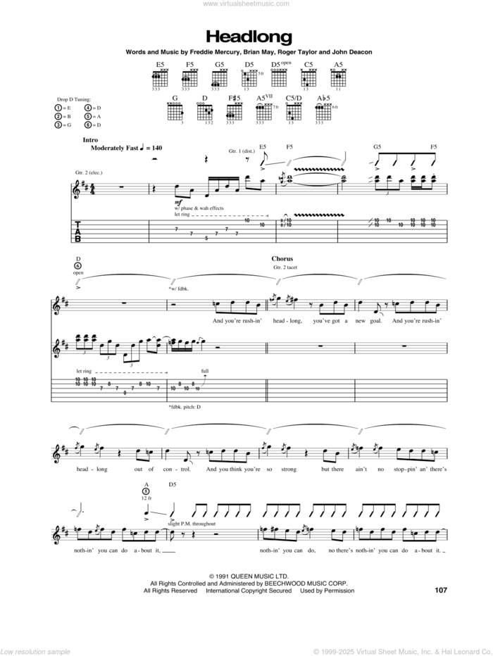 Headlong sheet music for guitar (tablature) by Queen, Brian May, Freddie Mercury, John Deacon and Roger Taylor, intermediate skill level