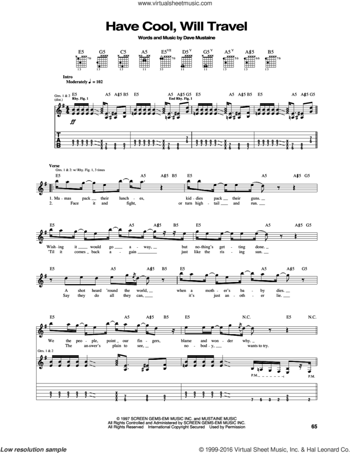 Have Cool, Will Travel sheet music for guitar (tablature) by Megadeth and Dave Mustaine, intermediate skill level