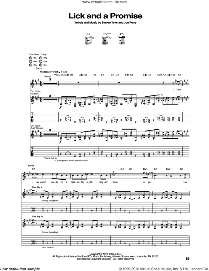 Lick And A Promise sheet music for guitar (tablature) by Aerosmith, Joe Perry and Steven Tyler, intermediate skill level