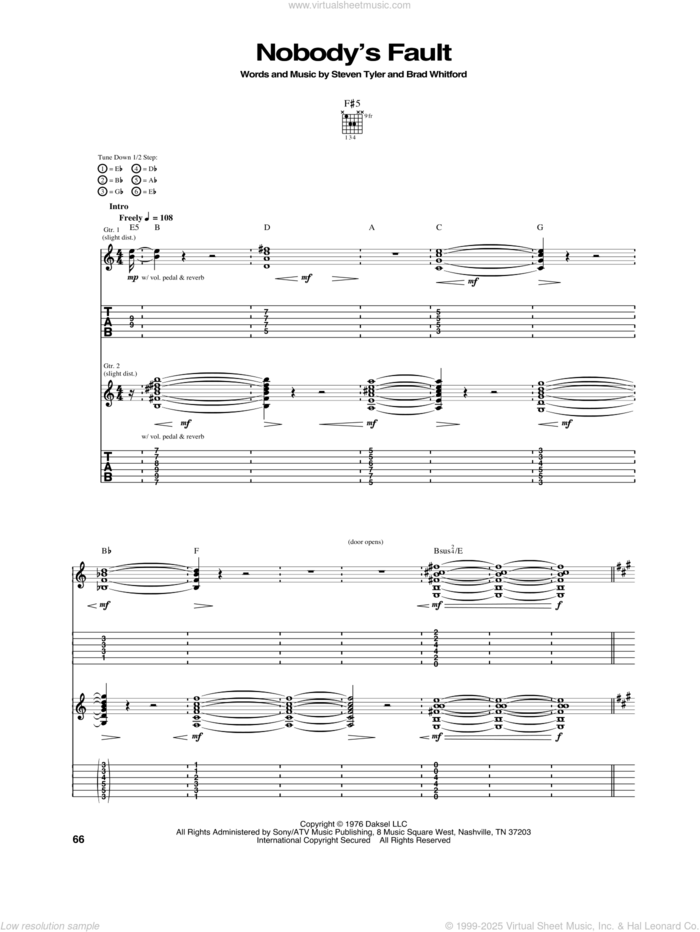 Nobody's Fault sheet music for guitar (tablature) by Aerosmith, Brad Whitford and Steven Tyler, intermediate skill level