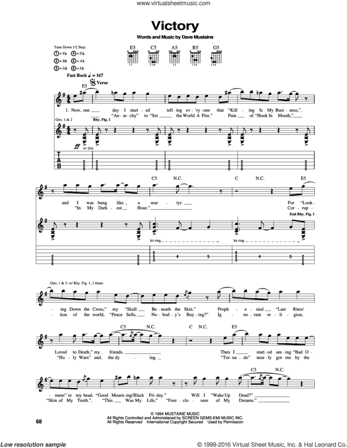 Victory sheet music for guitar (tablature) by Megadeth, Dave Ellefson, Dave Mustaine, Martin Friedman and Nick Menza, intermediate skill level