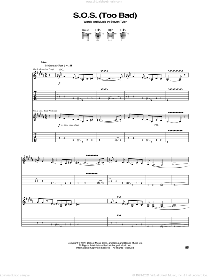 S.O.S. (Too Bad) sheet music for guitar (tablature) by Aerosmith and Steven Tyler, intermediate skill level