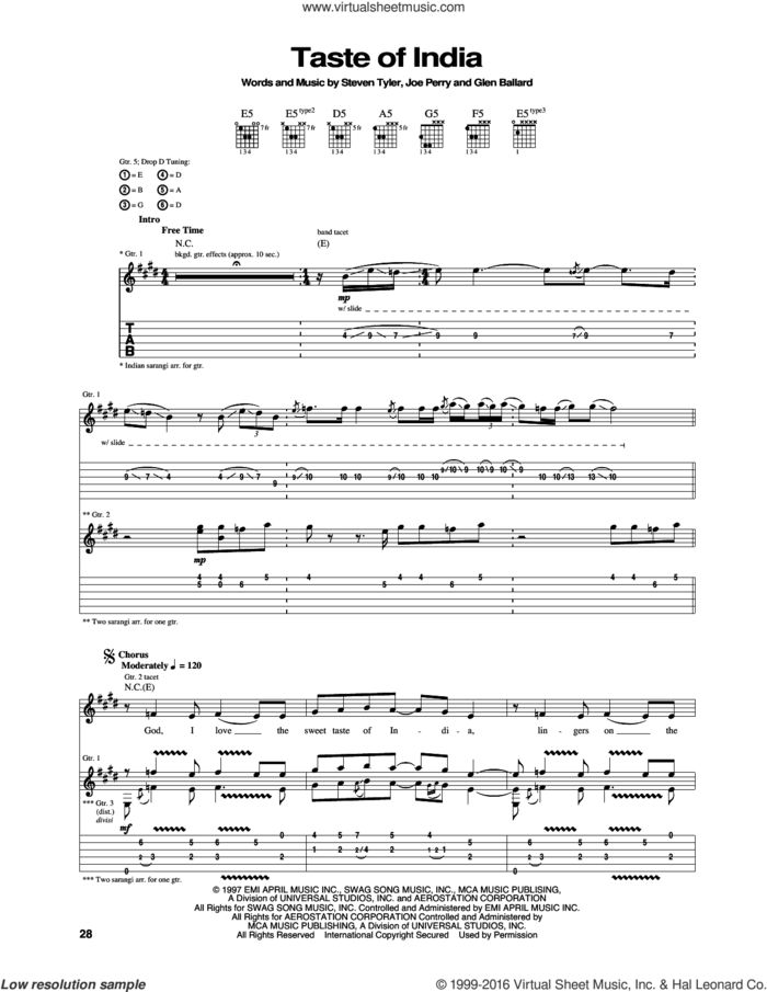 Taste Of India sheet music for guitar (tablature) by Aerosmith, Glen Ballard, Joe Perry and Steven Tyler, intermediate skill level
