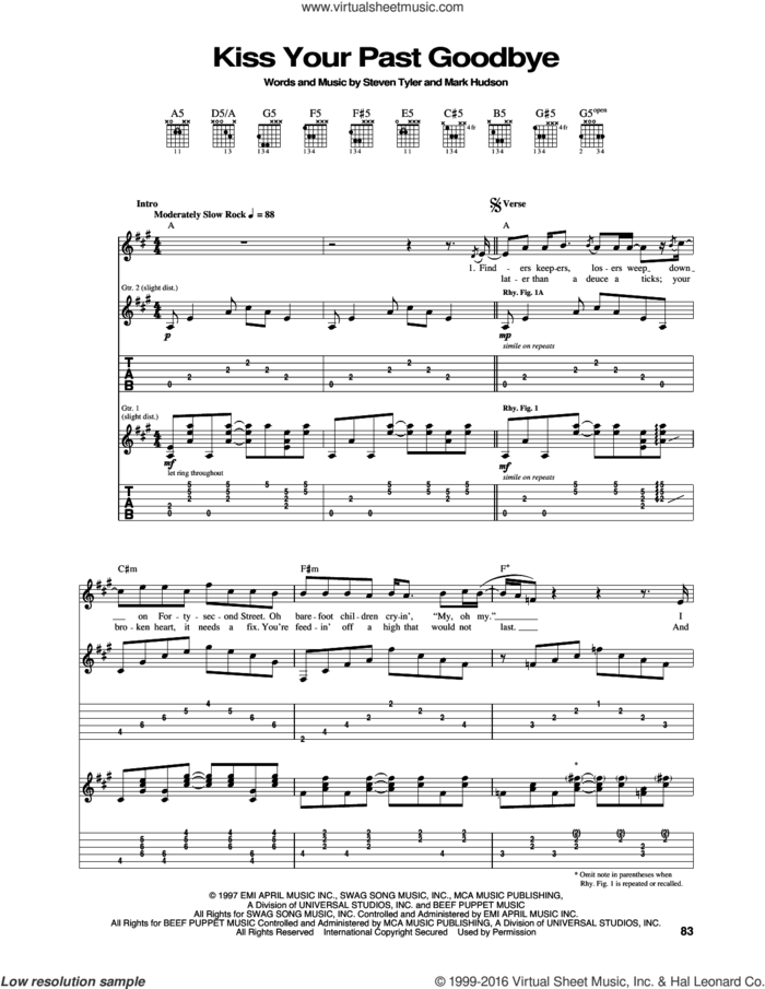 Kiss Your Past Goodbye sheet music for guitar (tablature) by Aerosmith, Mark Hudson and Steven Tyler, intermediate skill level