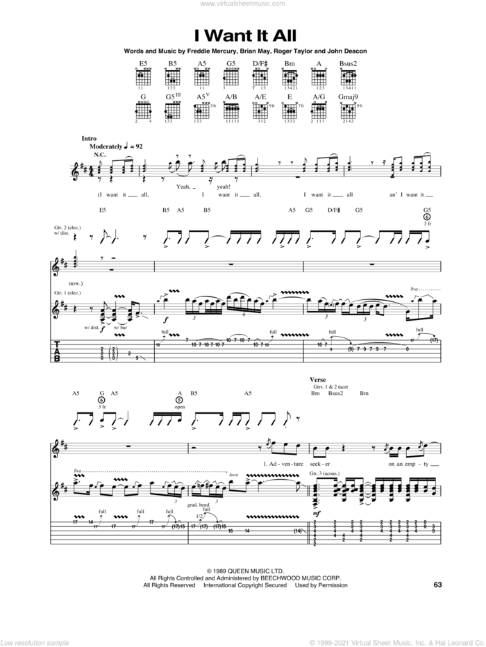 I Want It All sheet music for guitar (tablature) by Queen, Brian May, Freddie Mercury, John Deacon and Roger Taylor, intermediate skill level