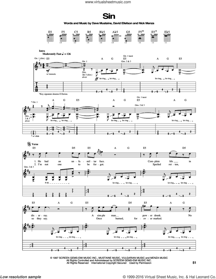 Sin sheet music for guitar (tablature) by Megadeth, Dave Mustaine, David Ellefson and Nick Menza, intermediate skill level