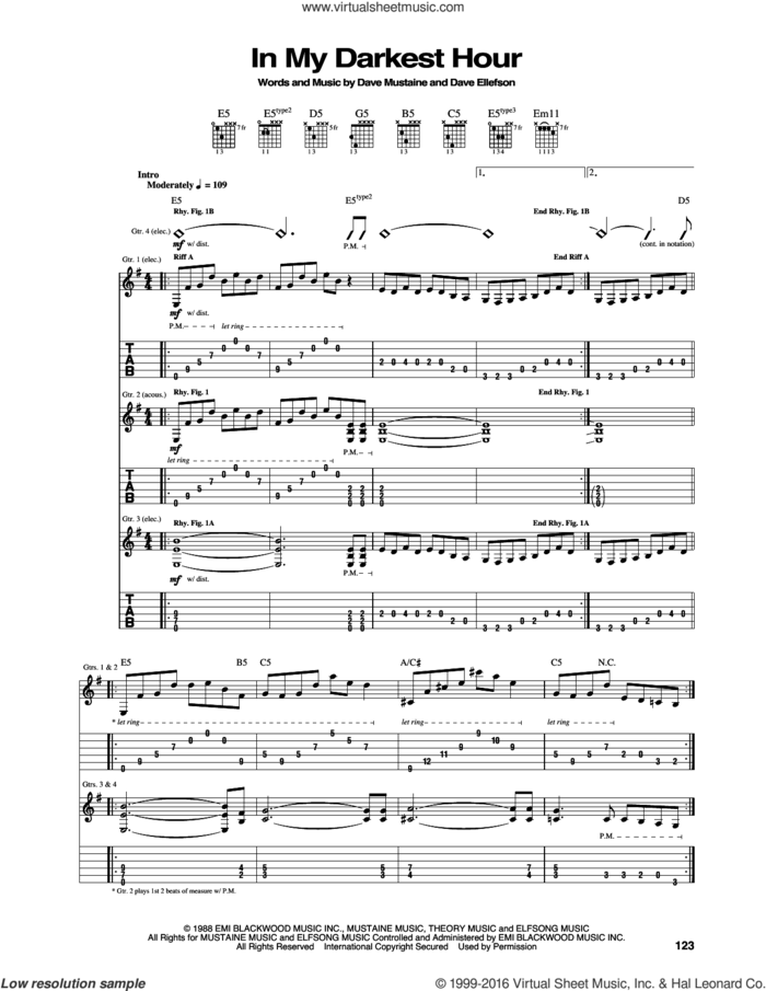 In My Darkest Hour sheet music for guitar (tablature) by Megadeth, Dave Ellefson and Dave Mustaine, intermediate skill level