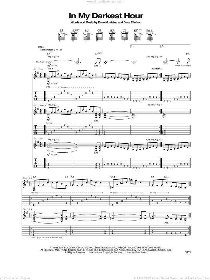 In My Darkest Hour sheet music for guitar (tablature) by Megadeth, Dave Ellefson and Dave Mustaine, intermediate skill level