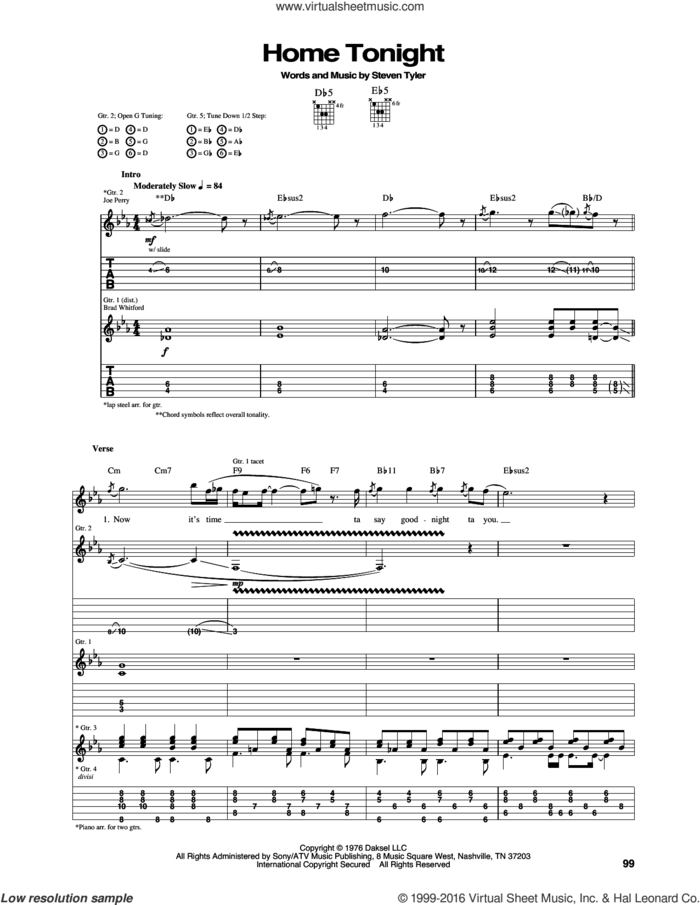 Home Tonight sheet music for guitar (tablature) by Aerosmith and Steven Tyler, intermediate skill level