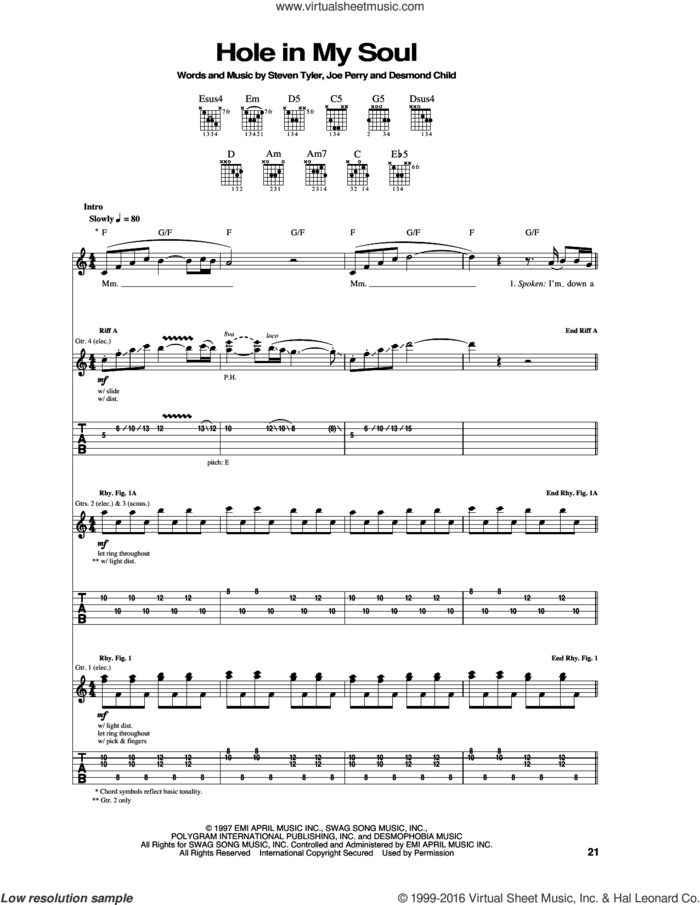 Hole In My Soul sheet music for guitar (tablature) by Aerosmith, Desmond Child, Joe Perry and Steven Tyler, intermediate skill level