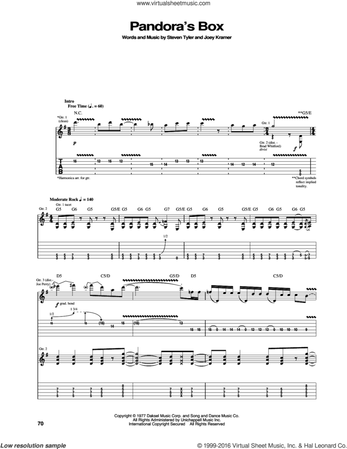 Pandora's Box sheet music for guitar (tablature) by Aerosmith, Joey Kramer and Steven Tyler, intermediate skill level