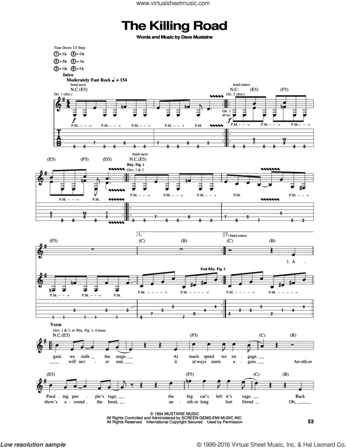 The Killing Road sheet music for guitar (tablature) by Megadeth, Dave Ellefson, Dave Mustaine, Martin Friedman and Nick Menza, intermediate skill level