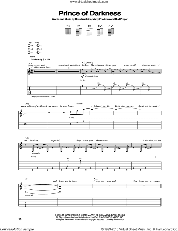 Prince Of Darkness sheet music for guitar (tablature) by Megadeth, Bud Prager, Dave Mustaine and Marty Friedman, intermediate skill level