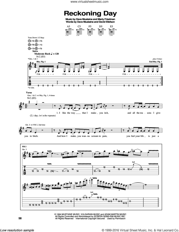 Reckoning Day sheet music for guitar (tablature) by Megadeth, Dave Ellefson, Dave Mustaine, Martin Friedman and Nick Menza, intermediate skill level