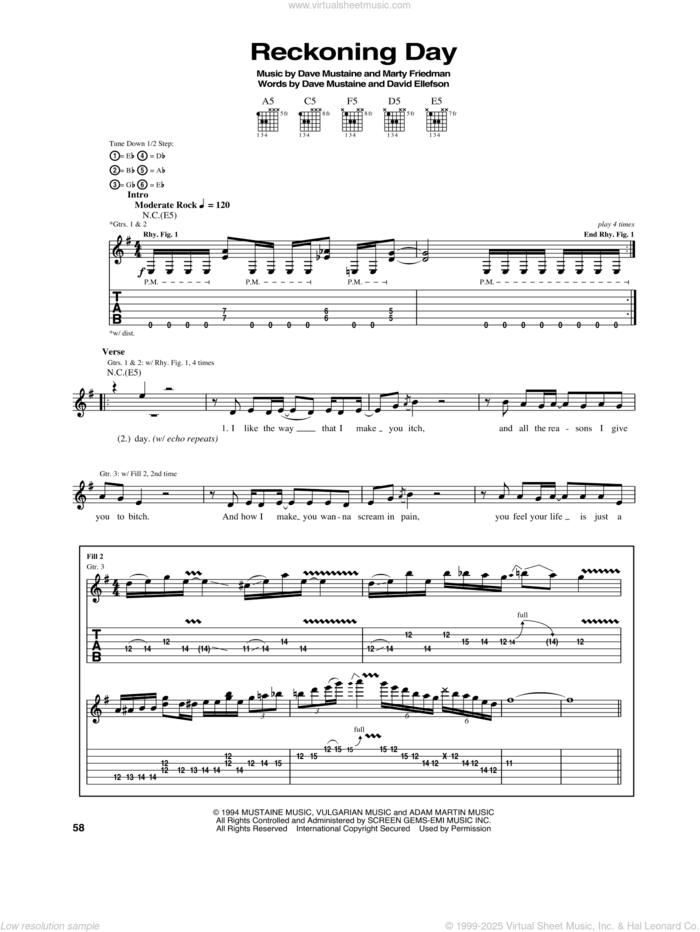 Reckoning Day sheet music for guitar (tablature) by Megadeth, Dave Ellefson, Dave Mustaine, Martin Friedman and Nick Menza, intermediate skill level