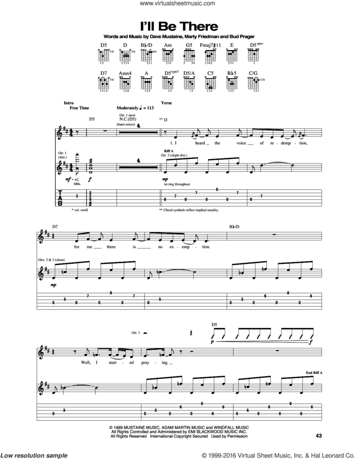 I'll Be There sheet music for guitar (tablature) by Megadeth, Bud Prager, Dave Mustaine and Marty Friedman, intermediate skill level