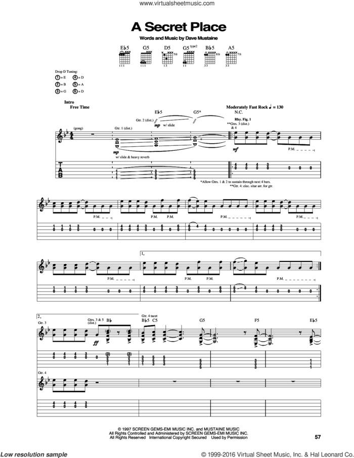 A Secret Place sheet music for guitar (tablature) by Megadeth and Dave Mustaine, intermediate skill level