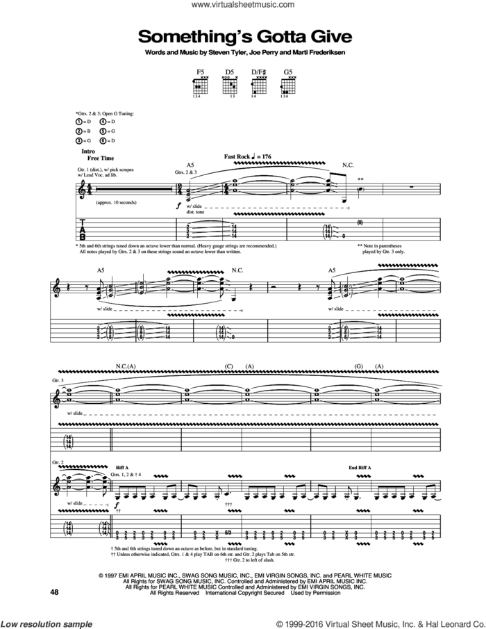 Something's Gotta Give sheet music for guitar (tablature) by Aerosmith, Joe Perry, Marti Frederiksen and Steven Tyler, intermediate skill level