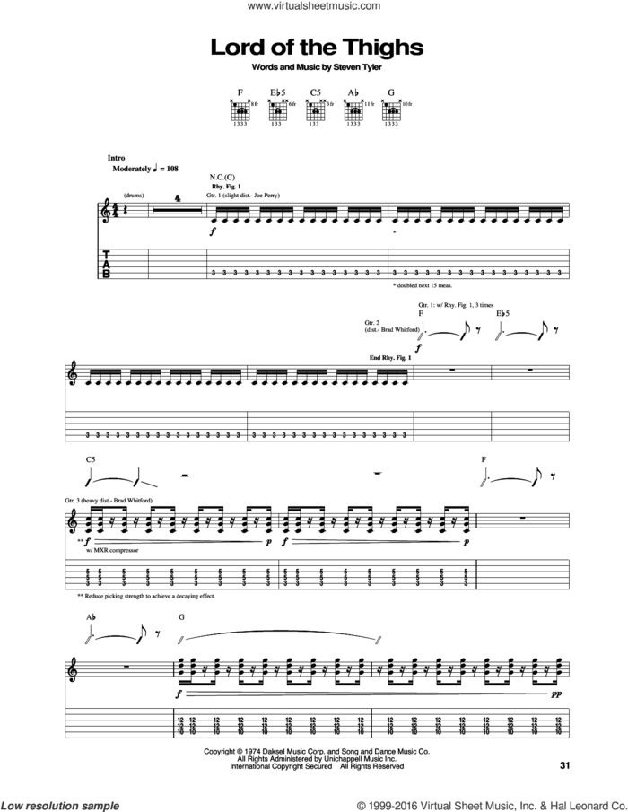 Lord Of The Thighs sheet music for guitar (tablature) by Aerosmith and Steven Tyler, intermediate skill level
