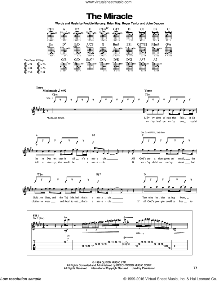 The Miracle sheet music for guitar (tablature) by Queen, Brian May, Freddie Mercury, John Deacon and Roger Taylor, intermediate skill level