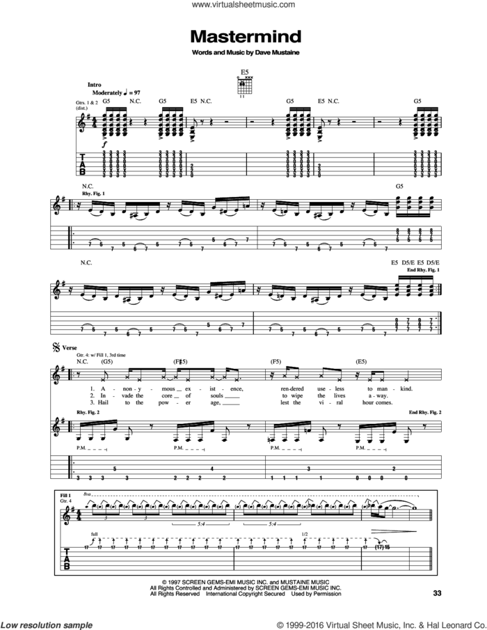 Mastermind sheet music for guitar (tablature) by Megadeth and Dave Mustaine, intermediate skill level