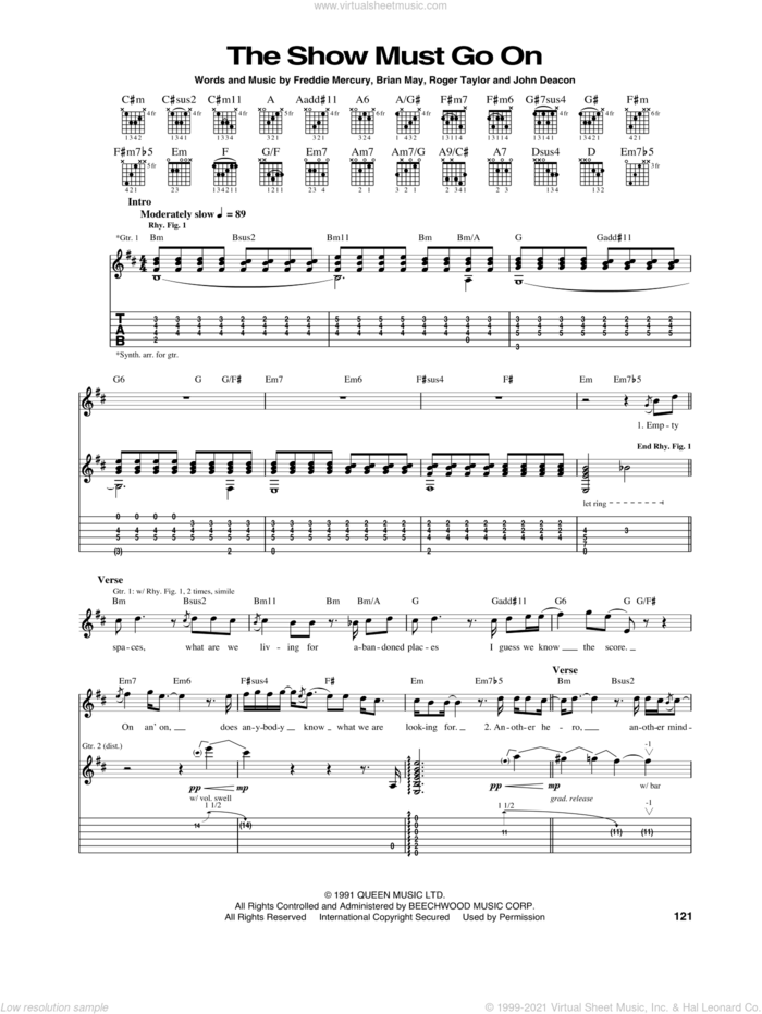 The Show Must Go On sheet music for guitar (tablature) by Queen, Brian May, Freddie Mercury, John Deacon and Roger Taylor, intermediate skill level