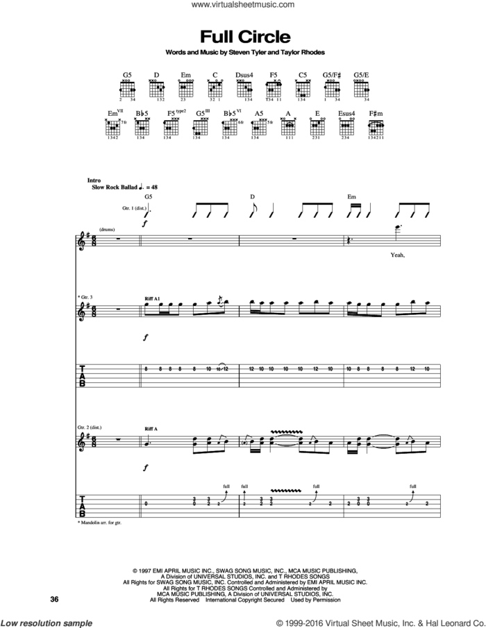 Full Circle sheet music for guitar (tablature) by Aerosmith, Steven Tyler and Taylor Rhodes, intermediate skill level
