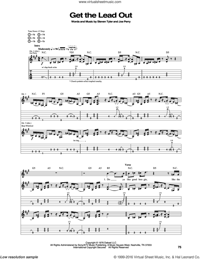 Get The Lead Out sheet music for guitar (tablature) by Aerosmith, Joe Perry and Steven Tyler, intermediate skill level