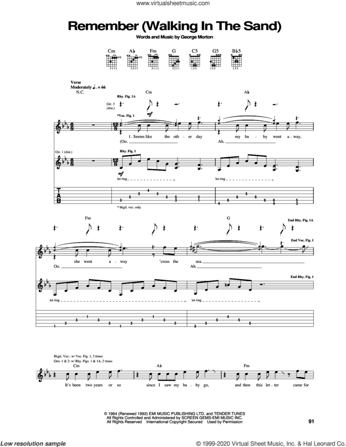 Remember (Walking In The Sand) sheet music for guitar (tablature) by Aerosmith, The Shangri-Las and George Morton, intermediate skill level