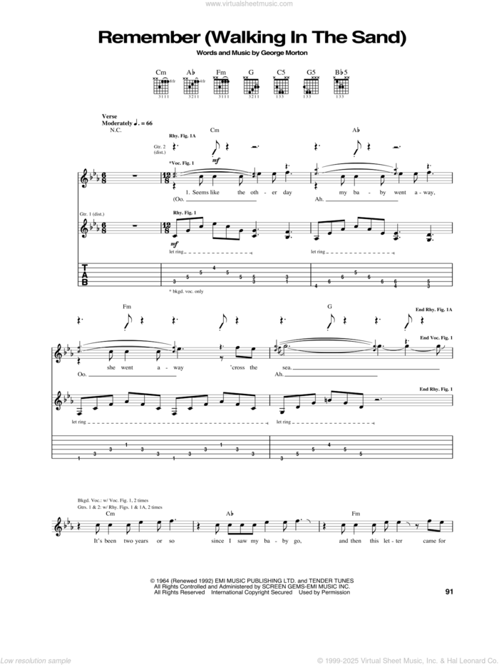 Remember (Walking In The Sand) sheet music for guitar (tablature) by Aerosmith, The Shangri-Las and George Morton, intermediate skill level