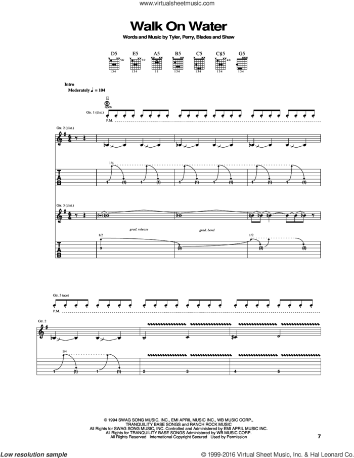 Walk On Water sheet music for guitar (tablature) by Aerosmith, Jack Blades, Joe Perry, Steven Tyler and Tommy Shaw, intermediate skill level