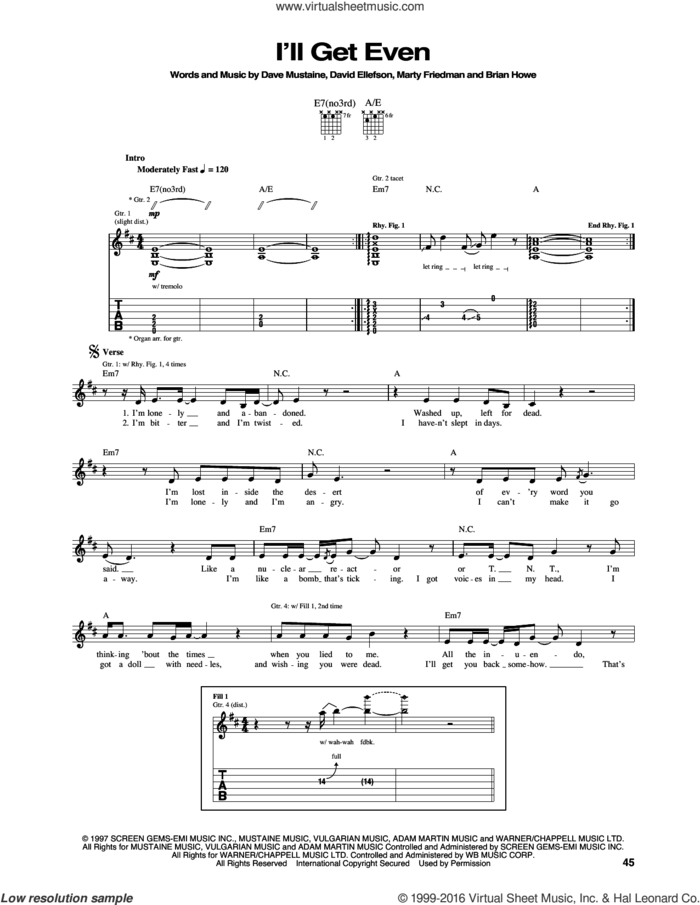 I'll Get Even sheet music for guitar (tablature) by Megadeth, Brian Howe, Dave Mustaine, David Ellefson and Marty Friedman, intermediate skill level