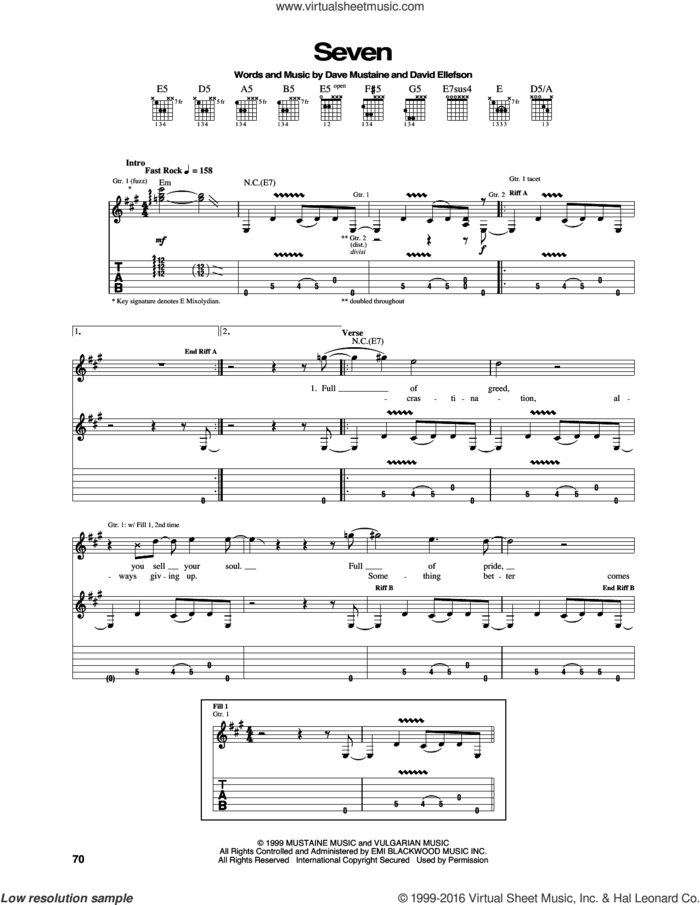 Seven sheet music for guitar (tablature) by Megadeth, Dave Mustaine and David Ellefson, intermediate skill level