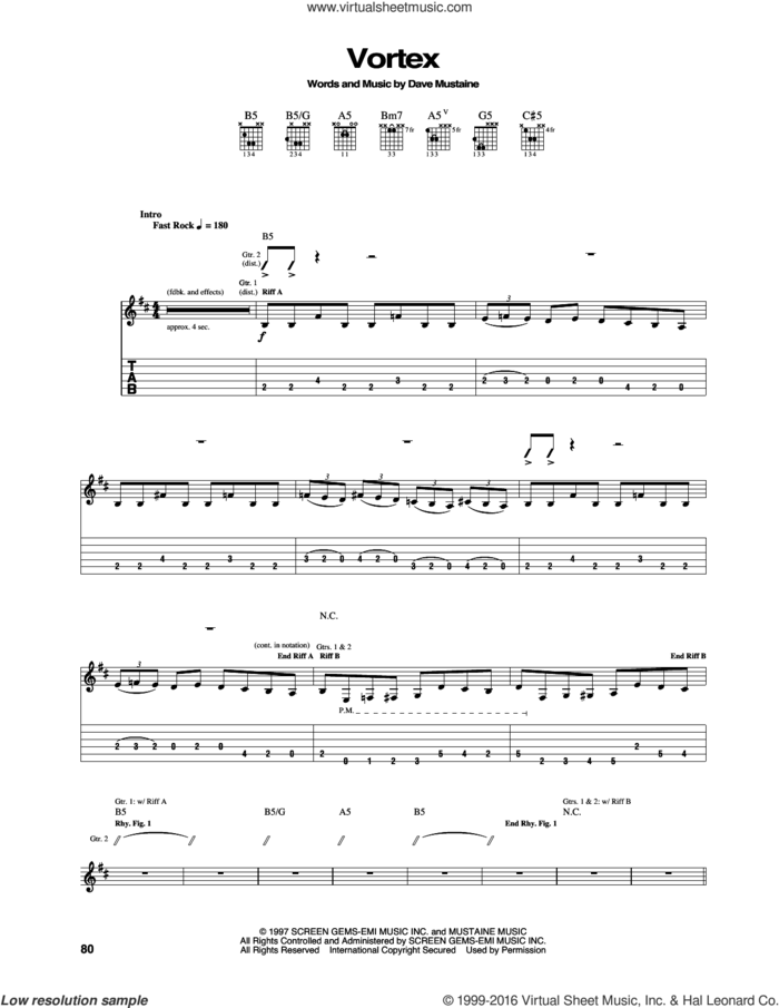 Vortex sheet music for guitar (tablature) by Megadeth and Dave Mustaine, intermediate skill level