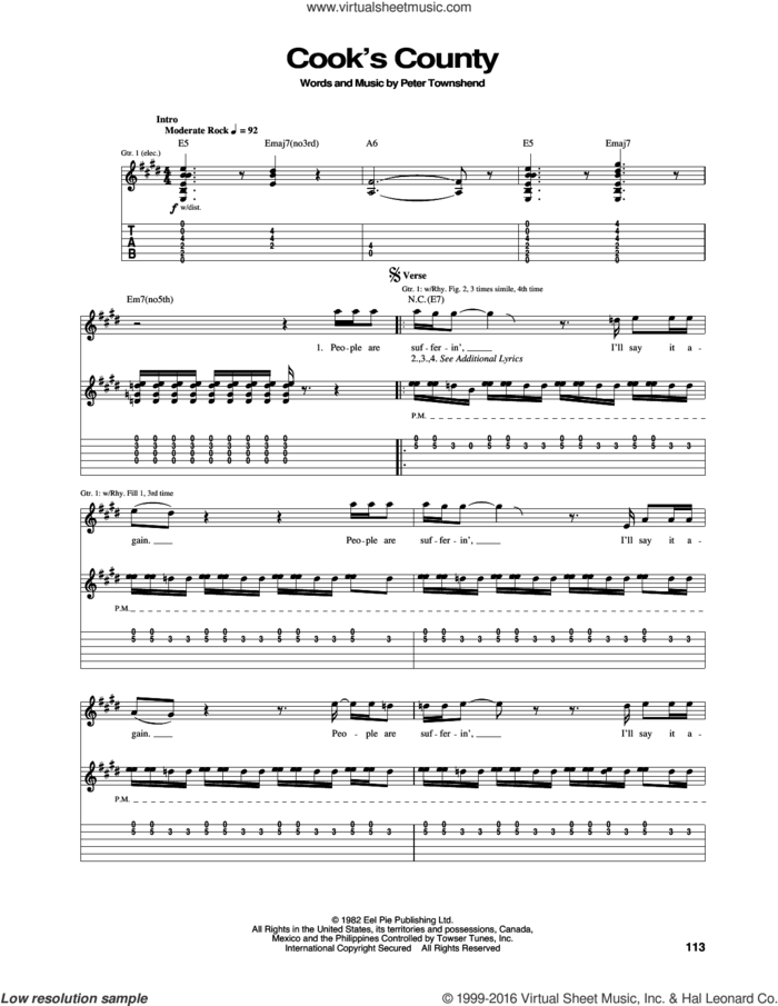 Cook's County sheet music for guitar (tablature) by The Who, intermediate skill level