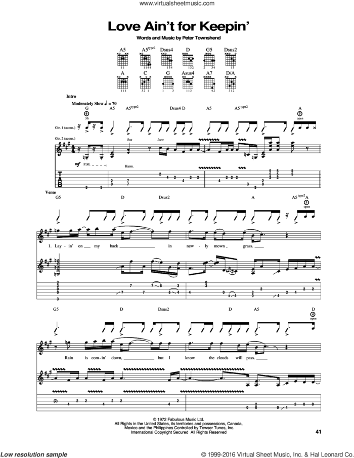 Love Ain't For Keepin' sheet music for guitar (tablature) by The Who and Pete Townshend, intermediate skill level