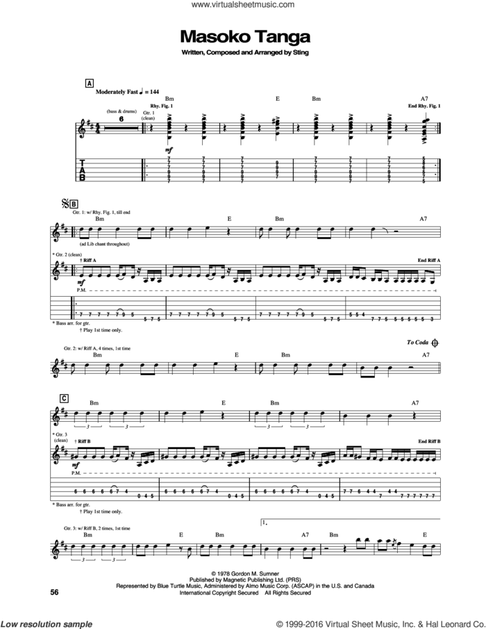 Masoko Tanga sheet music for guitar (tablature) by The Police and Sting, intermediate skill level