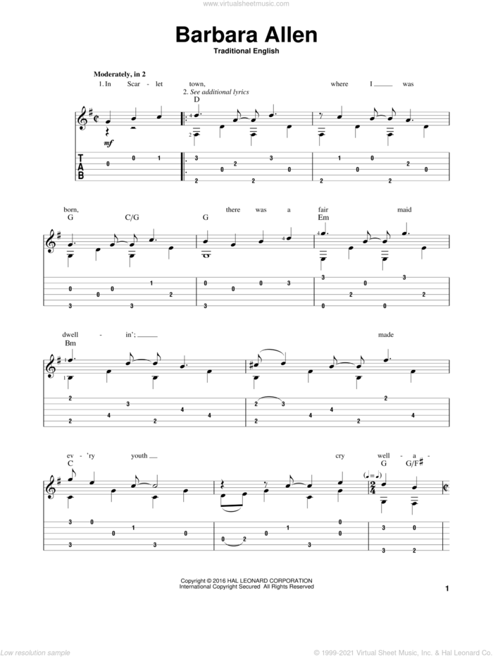 Barbara Allen sheet music for guitar solo, intermediate skill level