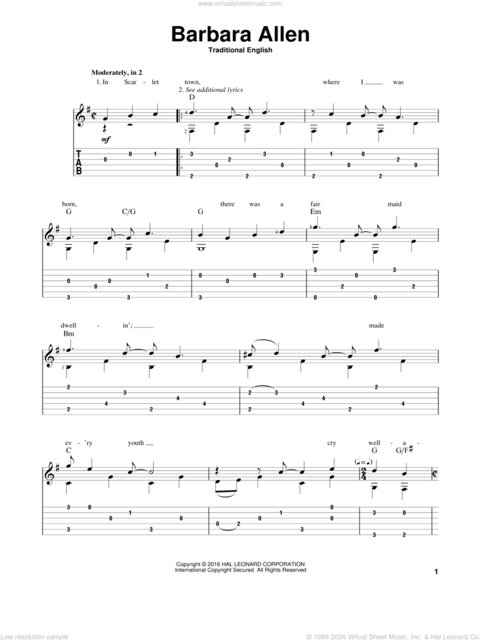 Barbara Allen sheet music for guitar solo, intermediate skill level