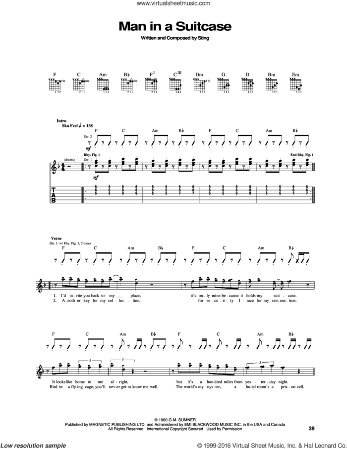 Man In A Suitcase sheet music for guitar (tablature) by The Police and Sting, intermediate skill level