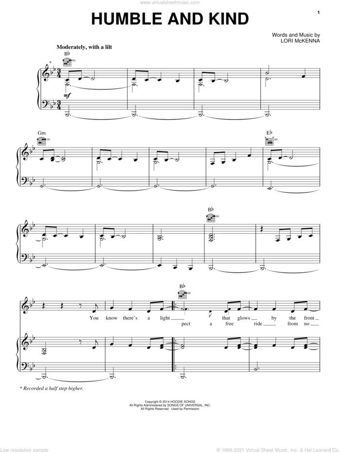 Humble And Kind sheet music for voice, piano or guitar by Tim McGraw and Lori McKenna, intermediate skill level