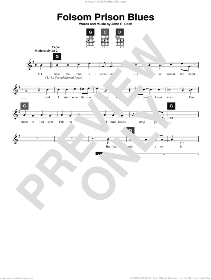 Folsom Prison Blues sheet music for guitar solo (ChordBuddy system) by Johnny Cash and Travis Perry, intermediate guitar (ChordBuddy system)