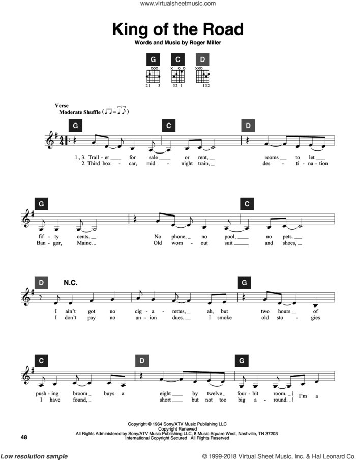 King Of The Road sheet music for guitar solo (ChordBuddy system) by Roger Miller, Randy Travis and Travis Perry, intermediate guitar (ChordBuddy system)